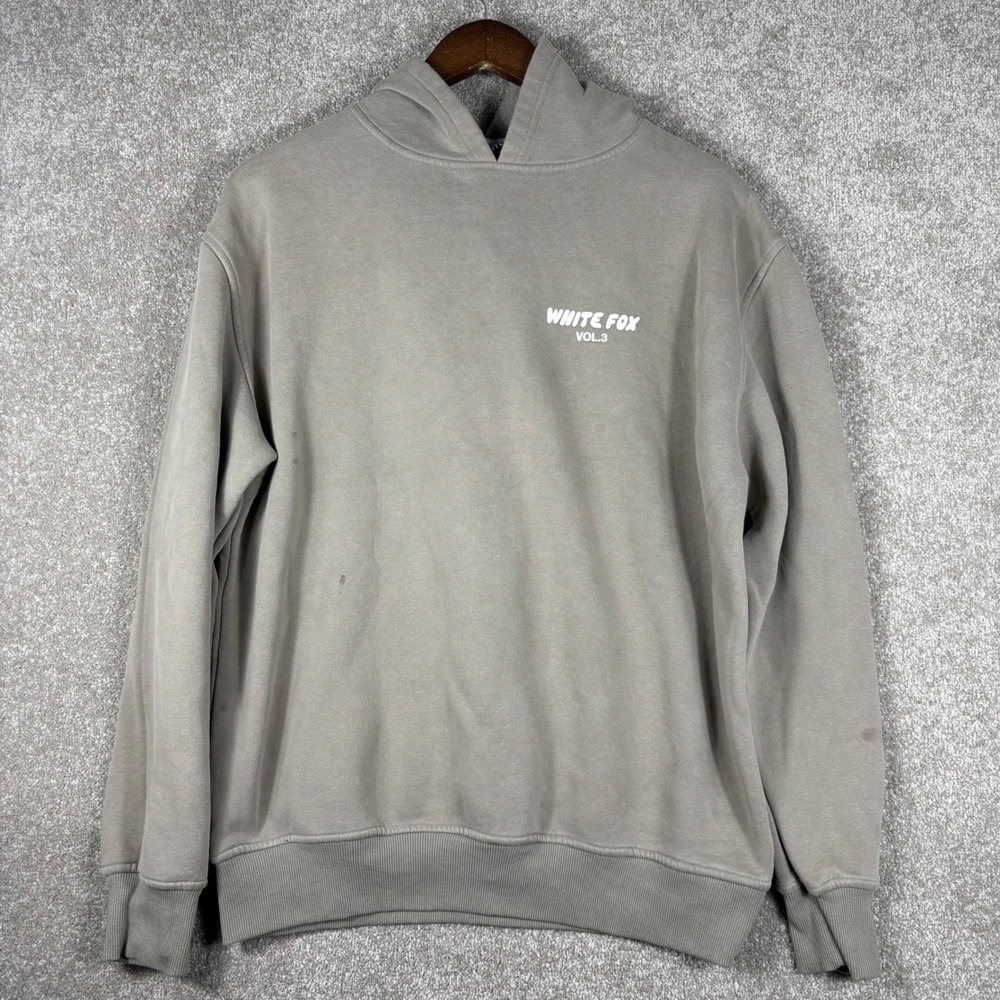 White Fox Vol 3 Oversized Hoodie Taupe Grey Puff Print Graphic Sweatshirt S/M